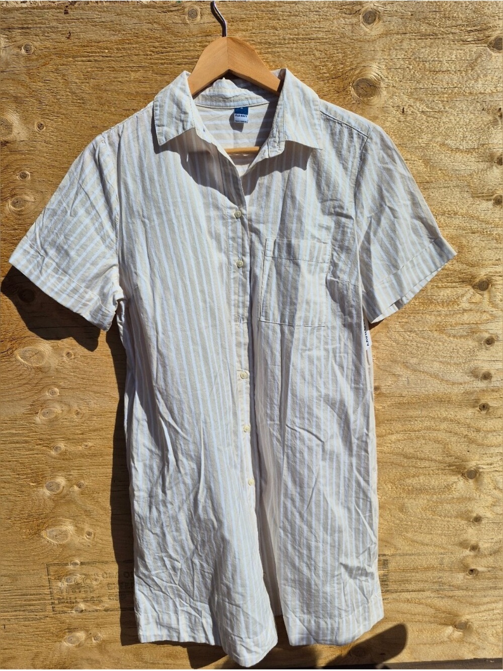 Old Navy Beige & White Striped Button-Down Shirt Dress M